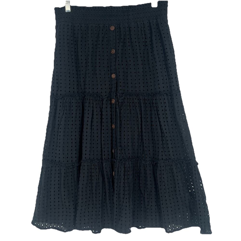 TGLA Black Eyelet Midi Skirt Tiered Pull On Full Button Front Boho Size M